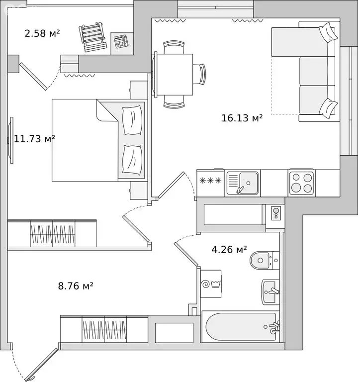 1-комнатная квартира: деревня Новосаратовка, улица Первых, 6к1 (43.46 ... - Фото 0