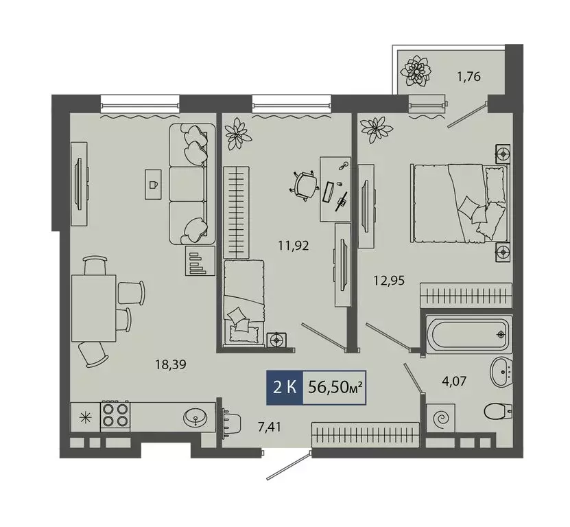 2-комнатная квартира: Тюмень, малоэтажный комплекс Смородина (56.5 м) - Фото 1