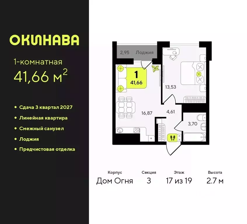 1-к кв. Тюменская область, Тюмень Окинава жилой комплекс (41.66 м) - Фото 0