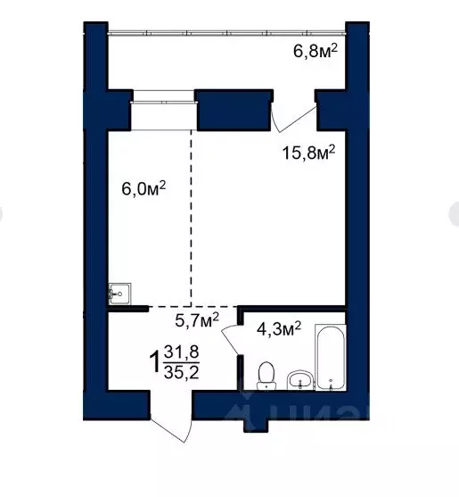 Студия Амурская область, Благовещенск 224-й кв-л,  (35.2 м) - Фото 0