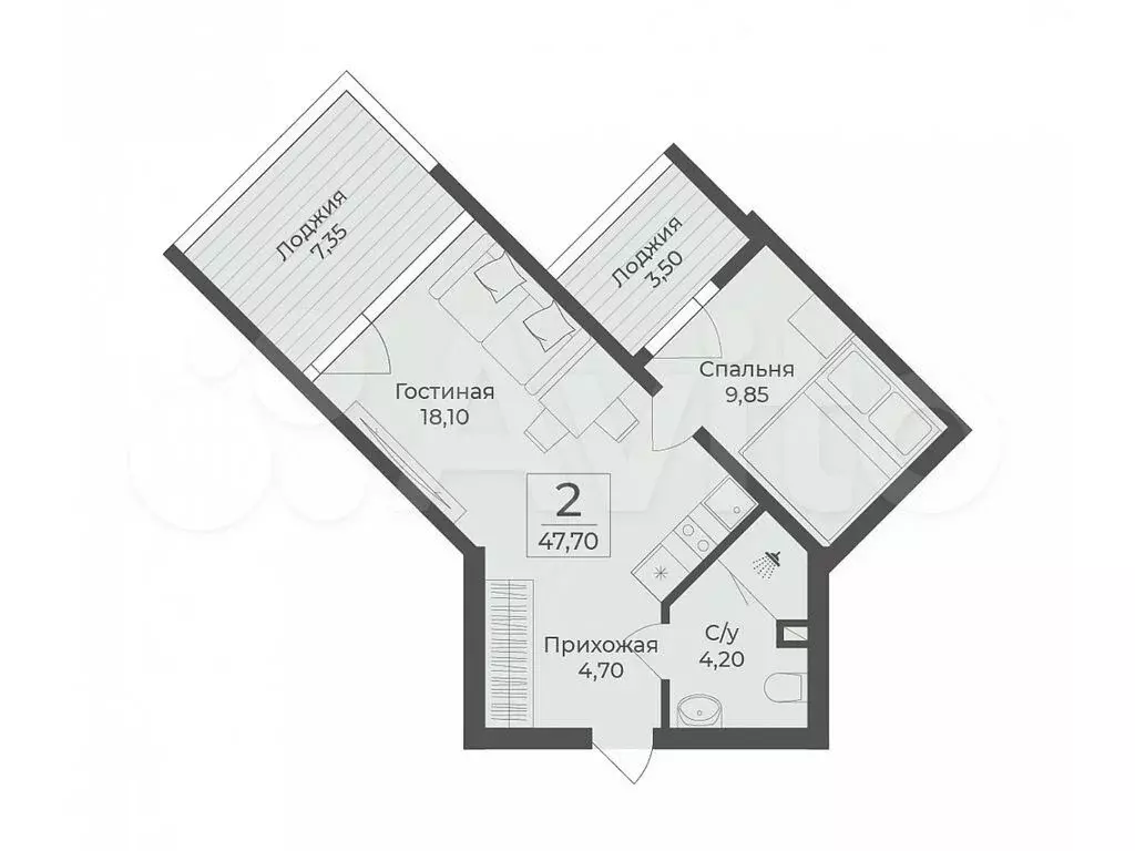 2-к. квартира, 47,7 м, 6/9 эт. - Фото 0