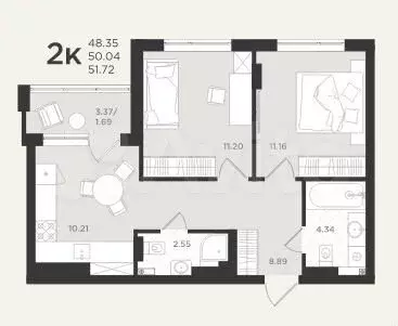 2-к. квартира, 51,7 м, 2/4 эт. - Фото 1