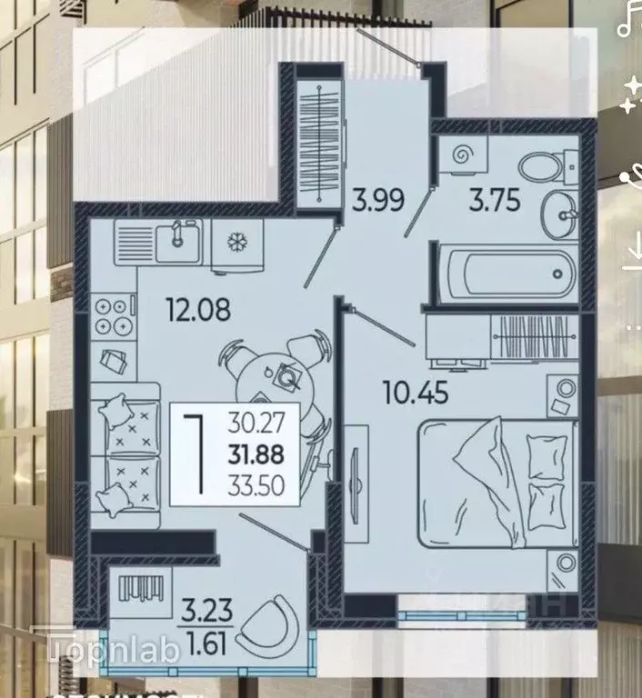 1-к кв. Краснодарский край, Краснодар бул. Адмиралтейский, 1 (33.5 м) - Фото 2
