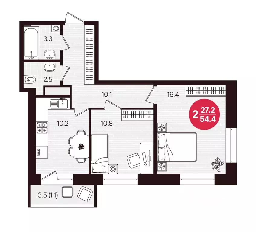 2-к кв. Чувашия, Новочебоксарск ул. 10-й Пятилетки, поз5 (54.4 м) - Фото 2