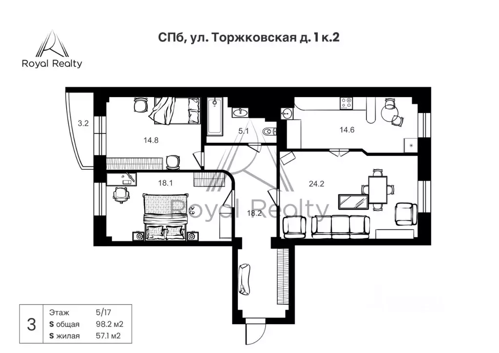 3-к кв. Санкт-Петербург Торжковская ул., 1к2 (98.0 м) - Фото 2