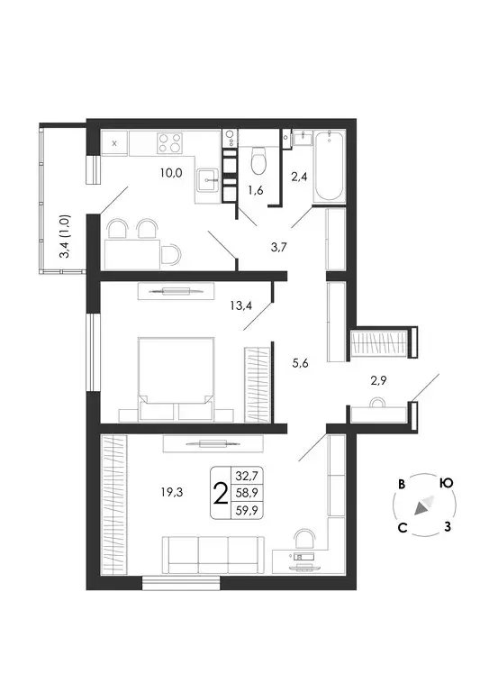 2-комнатная квартира: село Ямное, ЖК Счастье (59.9 м) - Фото 1