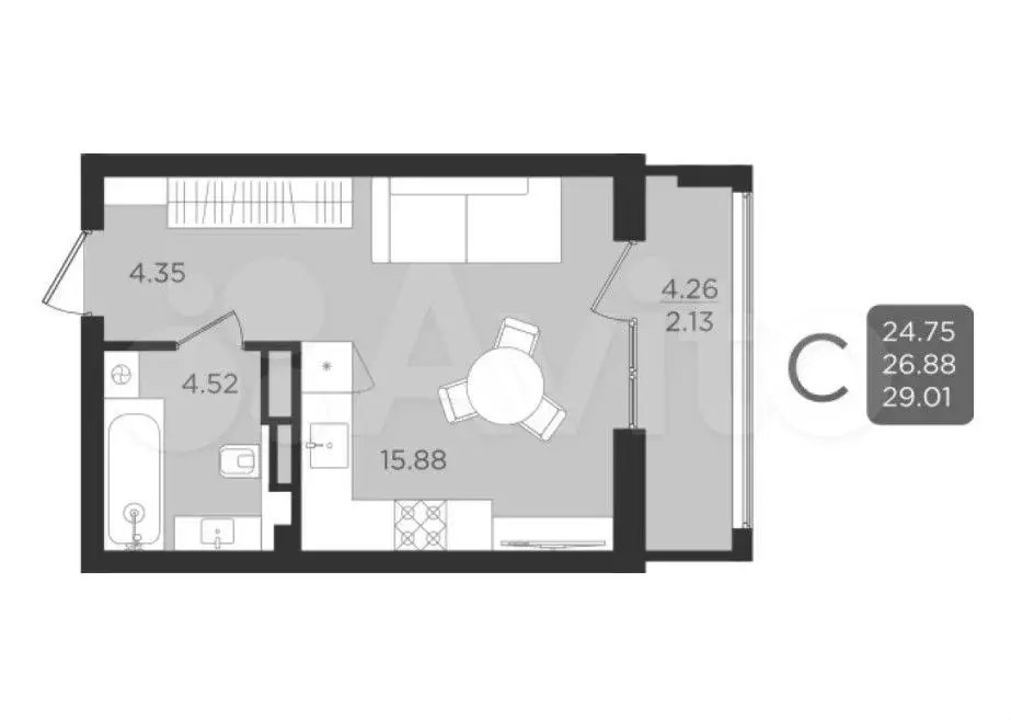 Квартира-студия, 26,9 м, 9/9 эт. - Фото 1