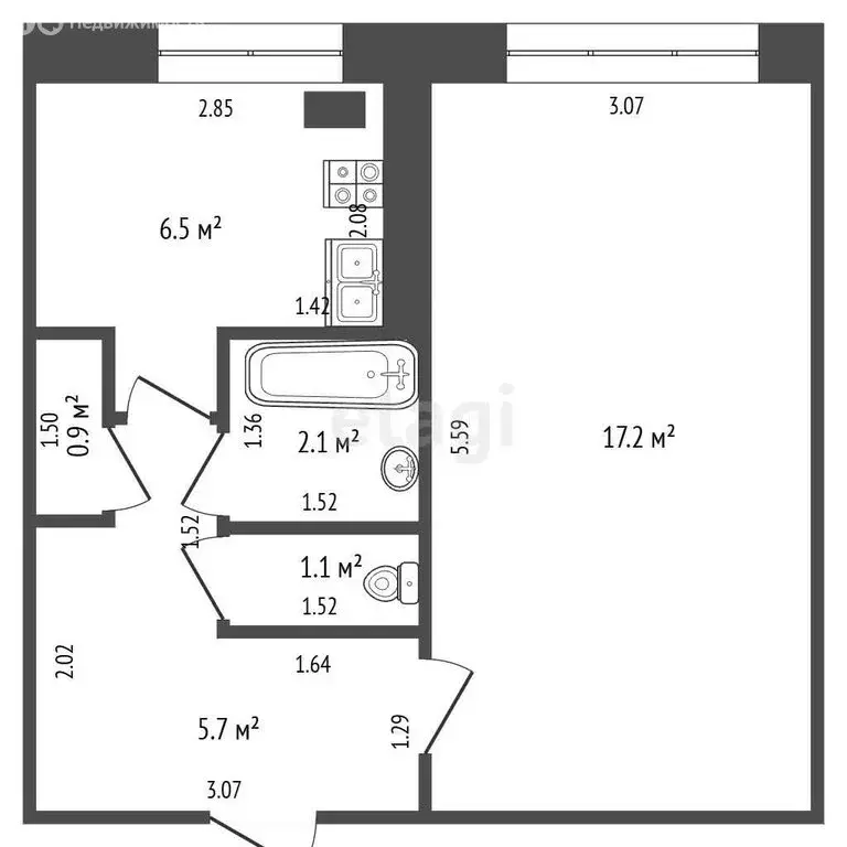 1-комнатная квартира: село Булгаково, Центральная улица, 1А (33.5 м) - Фото 1