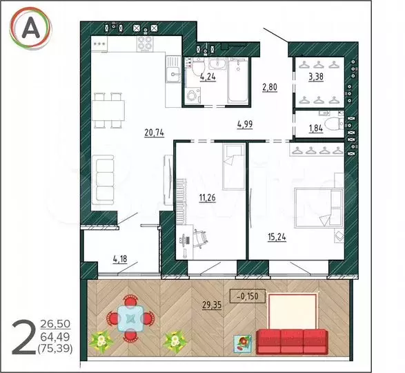 2-к. квартира, 75,4м, 1/9эт. - Фото 1