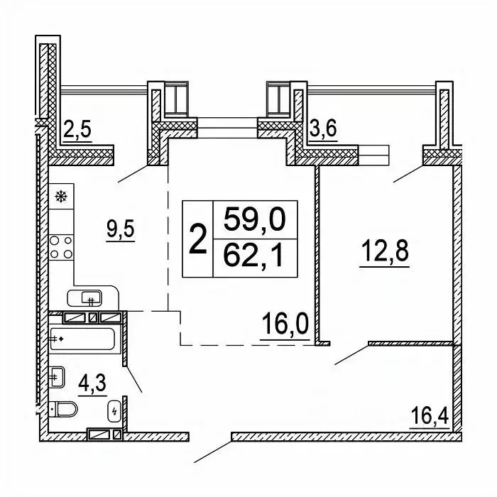 2-к кв. Приморский край, Уссурийск Горизонты жилой комплекс (62.1 м) - Фото 1