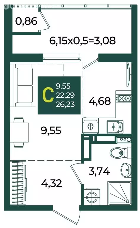 Квартира-студия: Краснодар, микрорайон Образцово (26.23 м) - Фото 1
