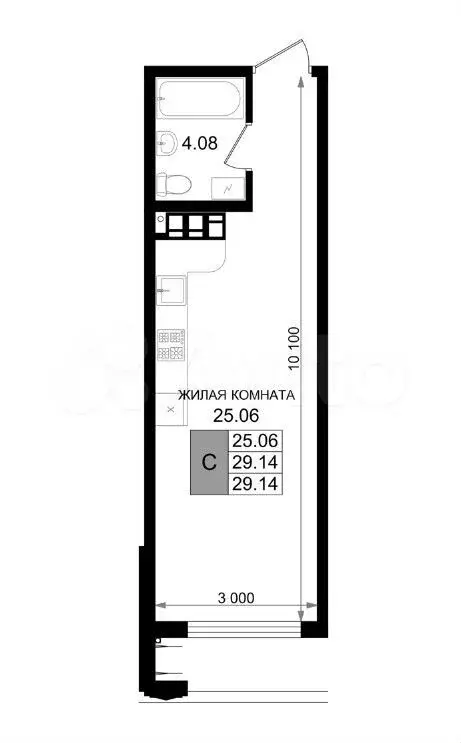 Квартира-студия, 29,1 м, 2/8 эт. - Фото 1