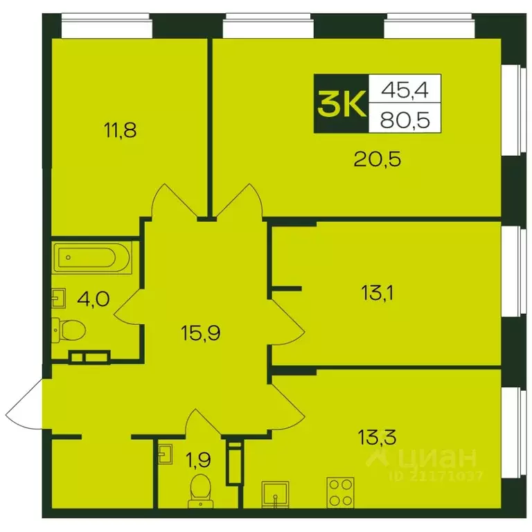 3-к кв. Чувашия, Чебоксары просп. Чебоксарский (80.9 м) - Фото 1