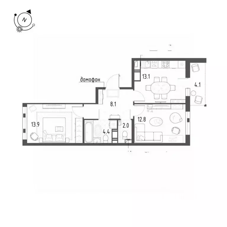 Квартира, 2 комнаты, 56.5 м - Фото 2