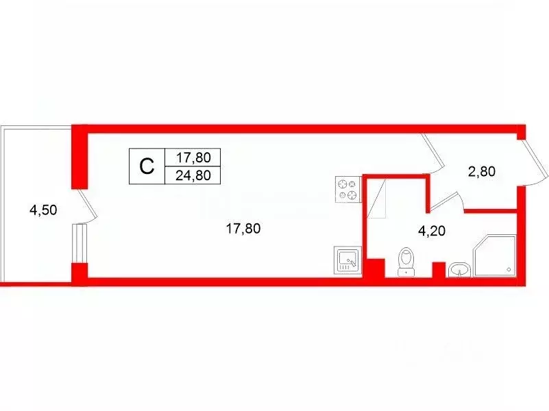 Студия Санкт-Петербург ул. Летчика Лихолетова, 14к2 (24.8 м) - Фото 1