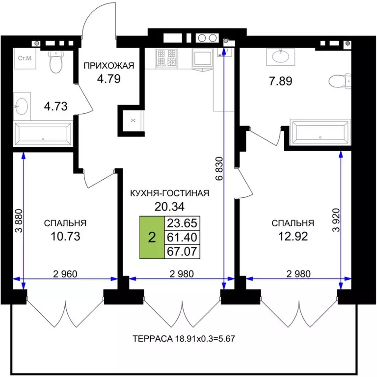 2-к кв. Калининградская область, Гурьевск Включи жилой комплекс (67.07 ... - Фото 1