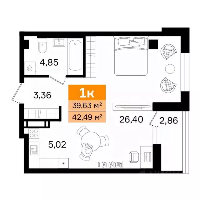 1-к кв. Курганская область, Курган просп. Конституции (42.49 м) - Фото 2