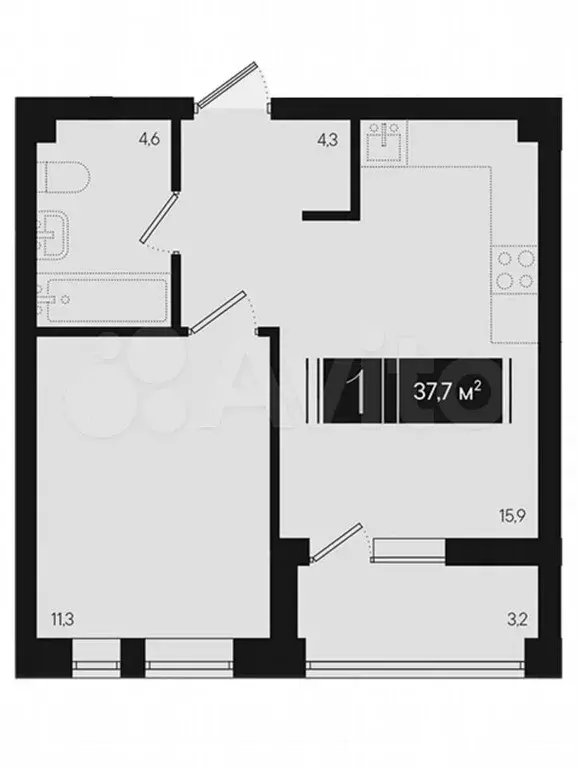 1-к. квартира, 37,7 м, 2/9 эт. - Фото 1