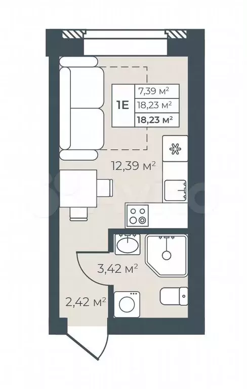 Квартира-студия, 18,2 м, 3/8 эт. - Фото 0