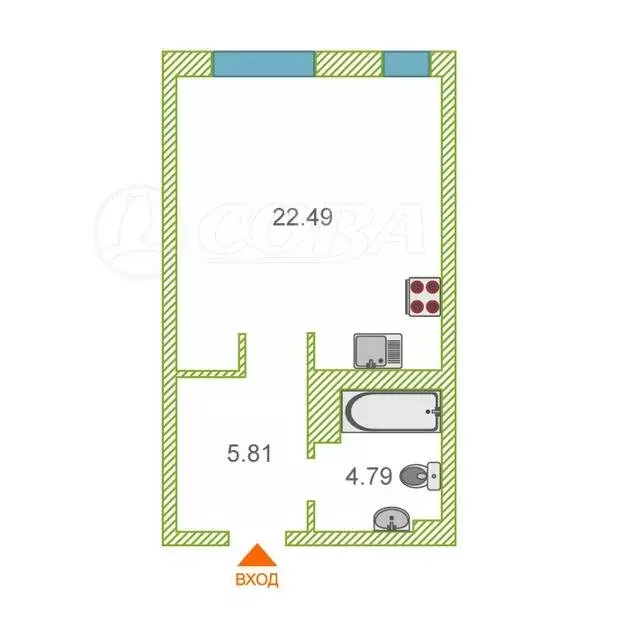 Квартира-студия: Тюмень, Краснооктябрьская улица, 6 (33 м) - Фото 1