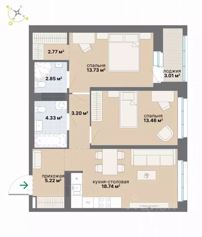 2-к кв. Свердловская область, Екатеринбург Эльмаш жилрайон,  (67.31 м) - Фото 1