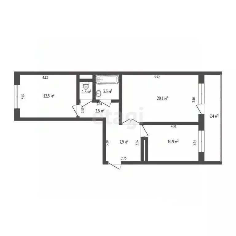3-к кв. Томская область, Томск ул. Нефтяная, 7 (59.5 м) - Фото 2