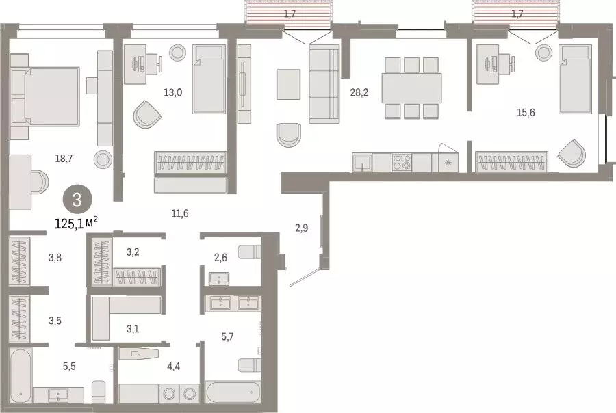 3-комнатная квартира: Тюмень, улица Республики, 205к2 (125.1 м) - Фото 1