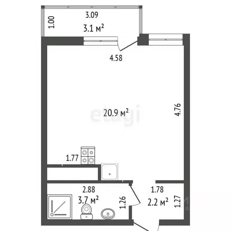 Студия Краснодарский край, Анапа Анапское ш., 24к3 (29.0 м) - Фото 2