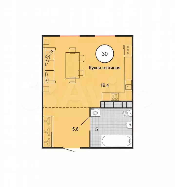 Квартира-студия, 29,9 м, 3/10 эт. - Фото 1