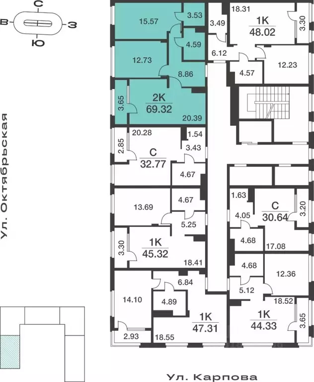 2-к кв. Тульская область, Тула ул. Карпова, 103А (69.32 м) - Фото 1