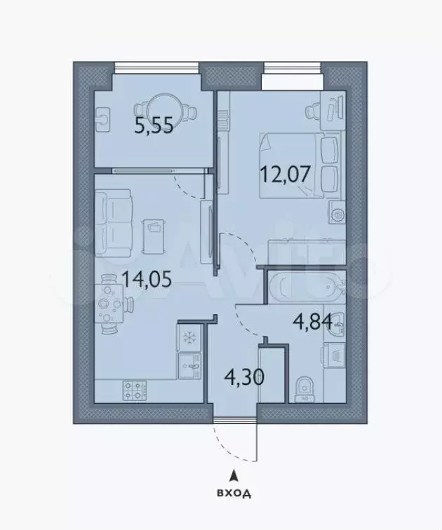 1-к. квартира, 40,8 м, 5/8 эт. - Фото 1