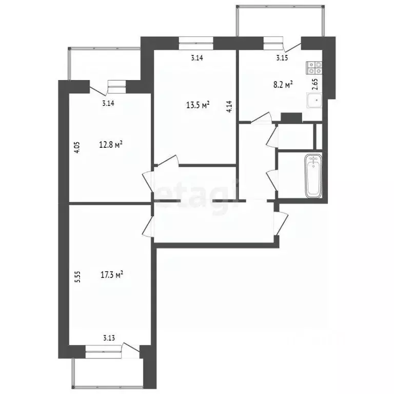 3-к кв. Белгородская область, Белгород ул. Есенина, 46а (71.3 м) - Фото 2