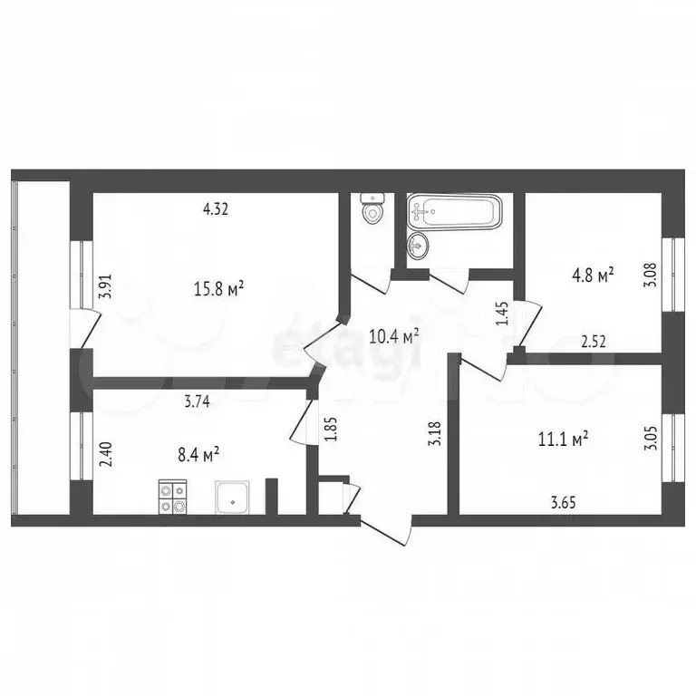 3-к. квартира, 60,8 м, 5/5 эт. - Фото 0