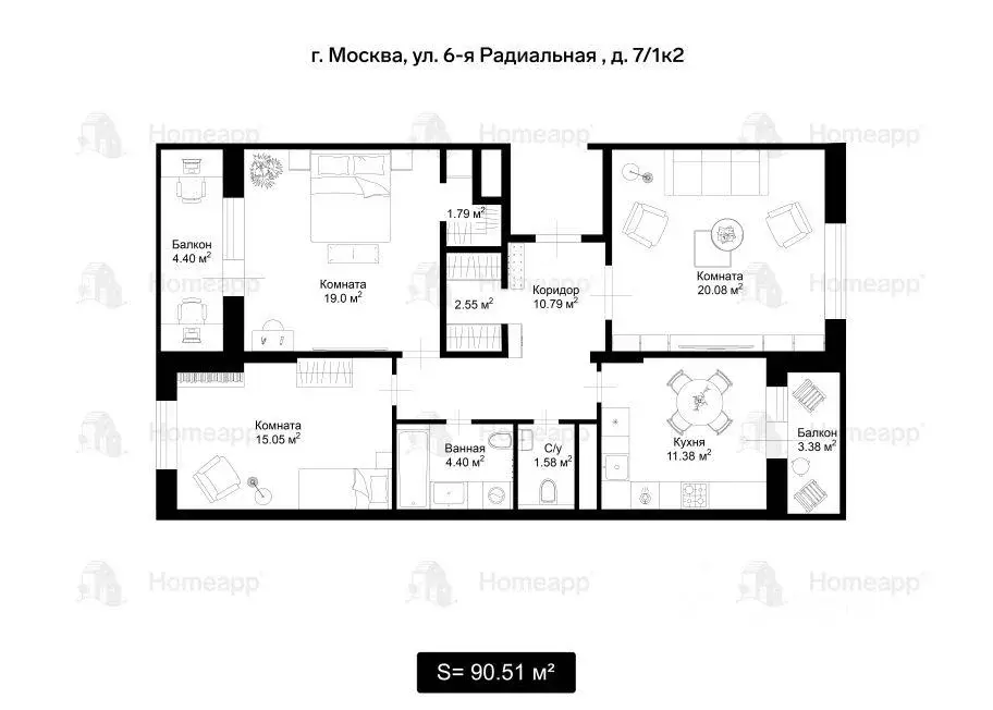 Квартира, 3 комнаты, 86 м - Фото 2