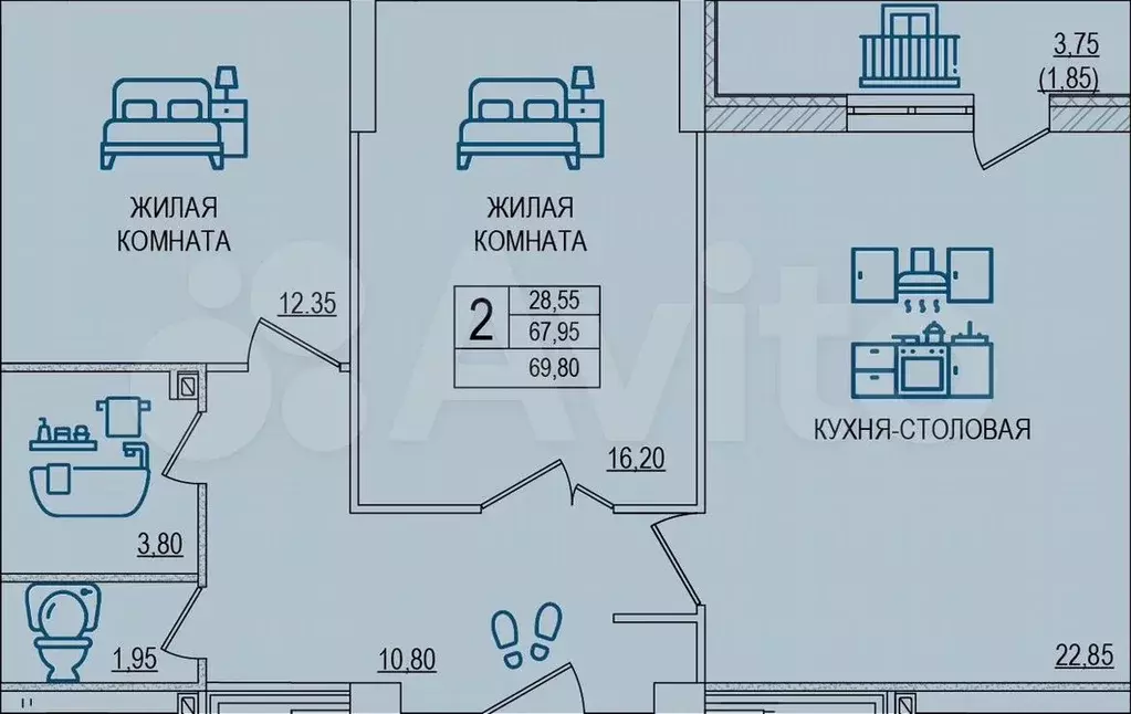 2-к. квартира, 69,7м, 7/12эт. - Фото 1