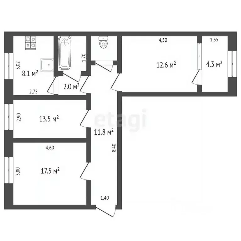 3-к кв. Брянская область, Брянск пер. Металлистов, 8а (74.6 м) - Фото 1