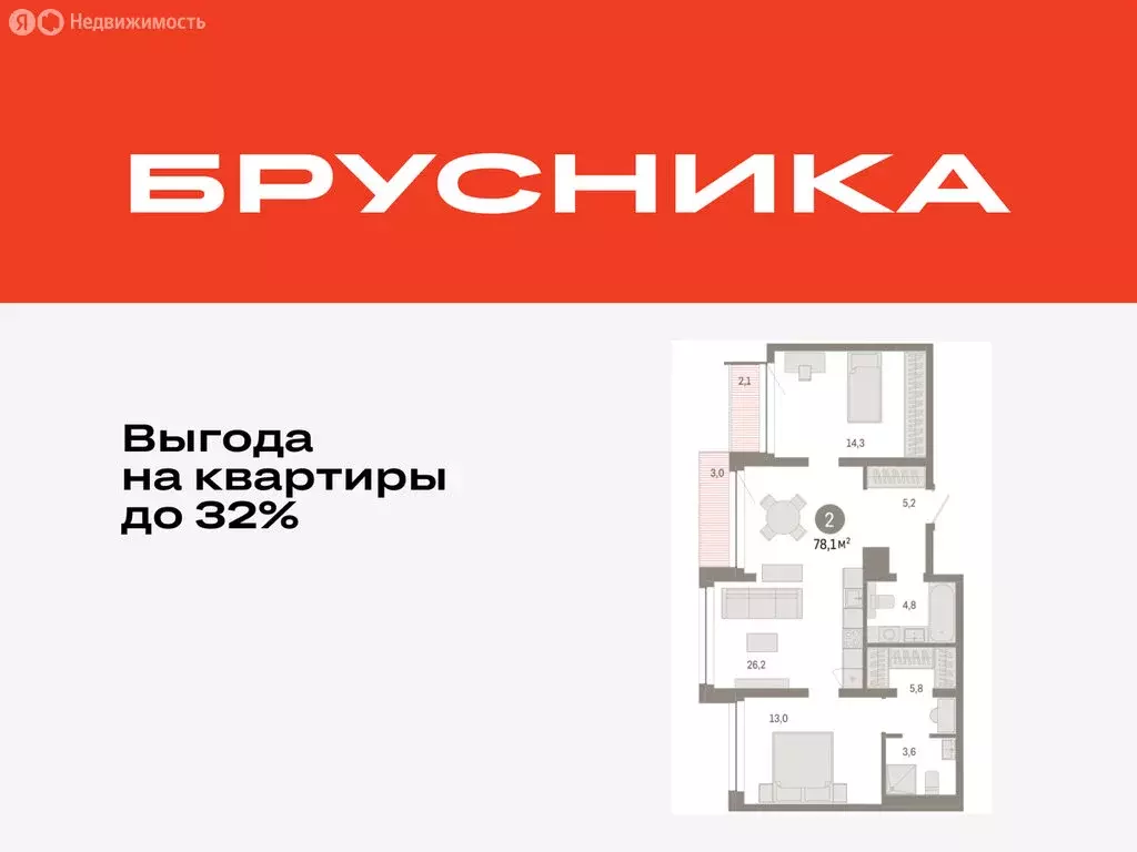 2-комнатная квартира: Тюмень, улица Муравленко, 9/2 (78.08 м) - Фото 1