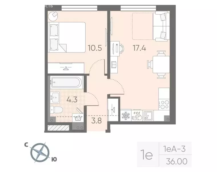 1-комнатная квартира: посёлок Шушары, ЖК Пулково Lake (36 м) - Фото 1