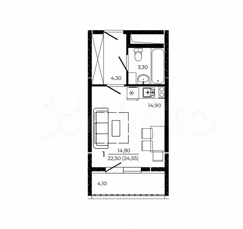 Квартира-студия, 24,6 м, 11/19 эт. - Фото 0