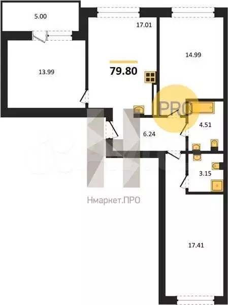 3-к. квартира, 79,8 м, 1/9 эт. - Фото 1