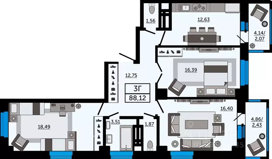 3-к кв. Ростовская область, Ростов-на-Дону Новое Поселение мкр, Фоур ... - Фото 1