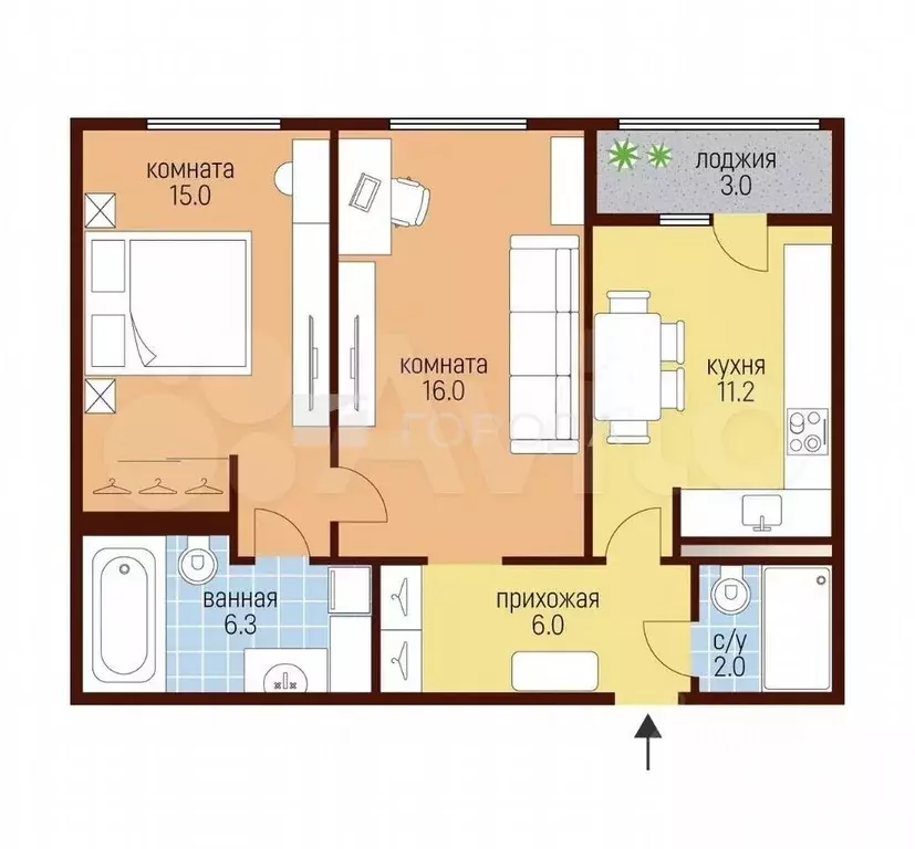 2-к. квартира, 60 м, 15/26 эт. - Фото 0