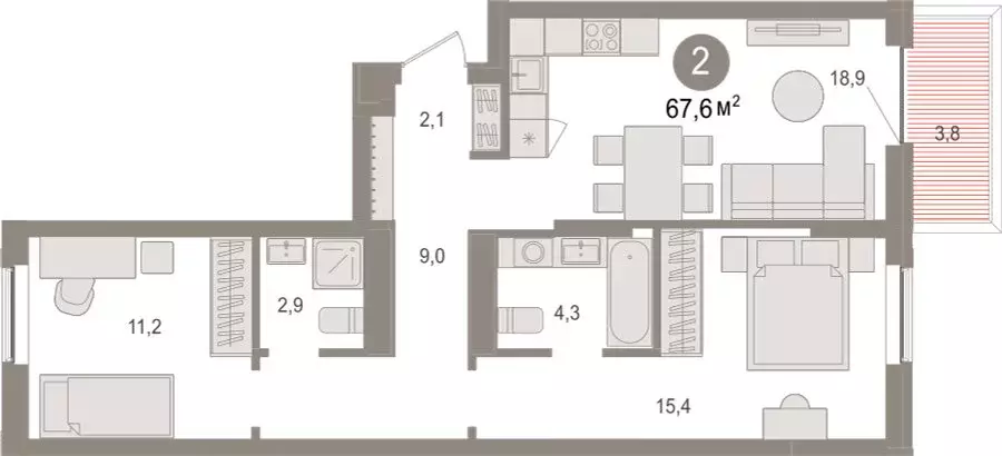 2-комнатная квартира: Новосибирский район, рабочий посёлок Краснообск, ... - Фото 2