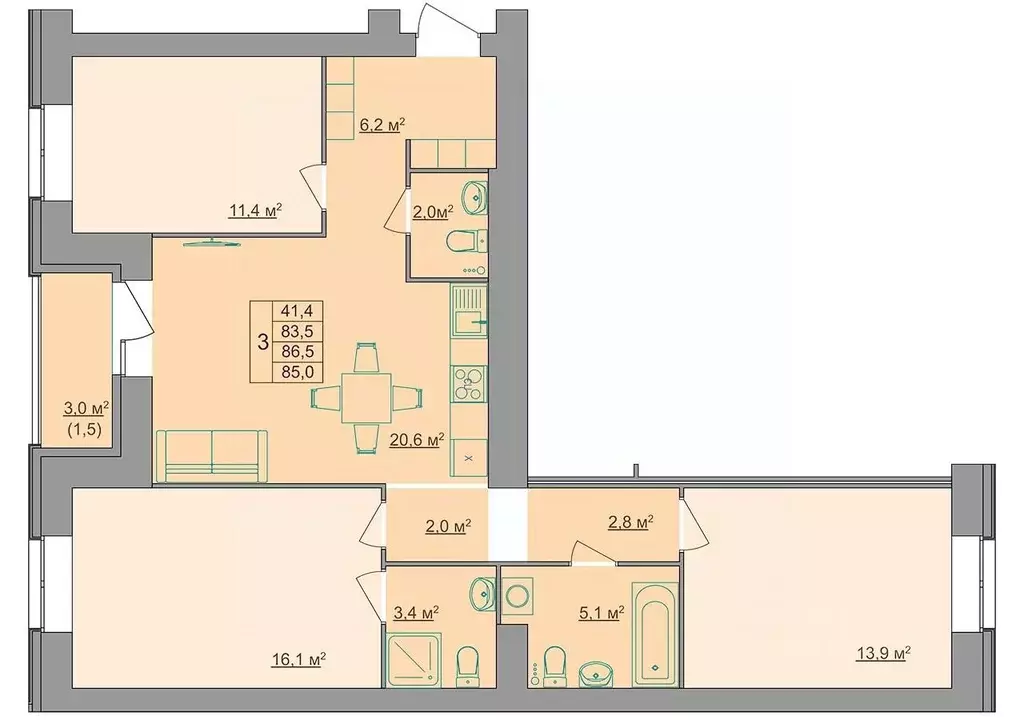 3-к кв. Костромская область, Кострома Магистральная ул., 49А (85.0 м) - Фото 0