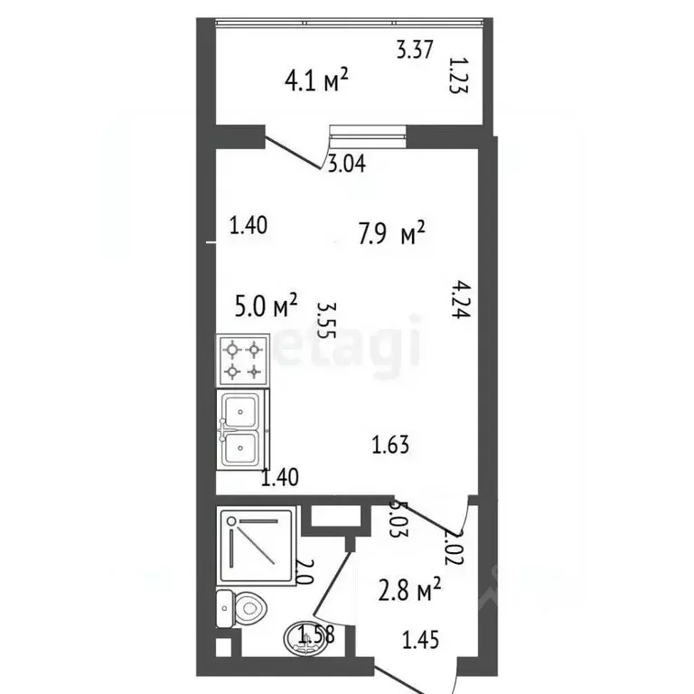 Студия Санкт-Петербург наб. Реки Каменки, 19к4 (20.5 м) - Фото 2