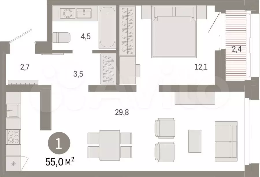 1-к. квартира, 55 м, 4/17 эт. - Фото 1