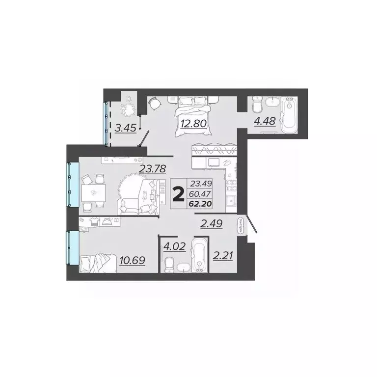 2-к кв. Брянская область, Брянск Архитектор жилой комплекс (62.2 м) - Фото 1