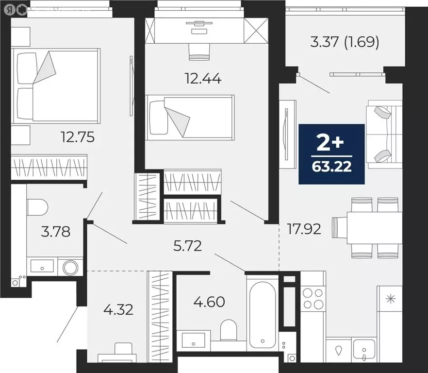 2-комнатная квартира: Тюмень, Арктическая улица, 12 (63.22 м) - Фото 0
