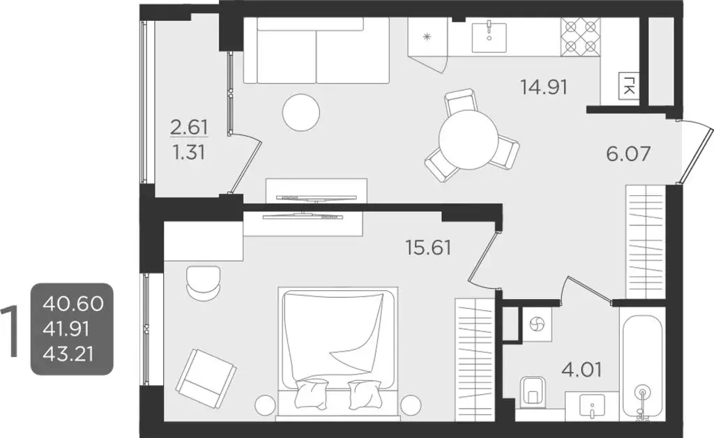 1-комнатная квартира: Калининград, улица Старшины Дадаева, 55к1 (41.88 ... - Фото 1