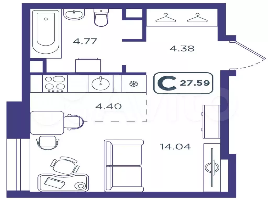 Квартира-студия, 27,6 м, 1/10 эт. - Фото 1